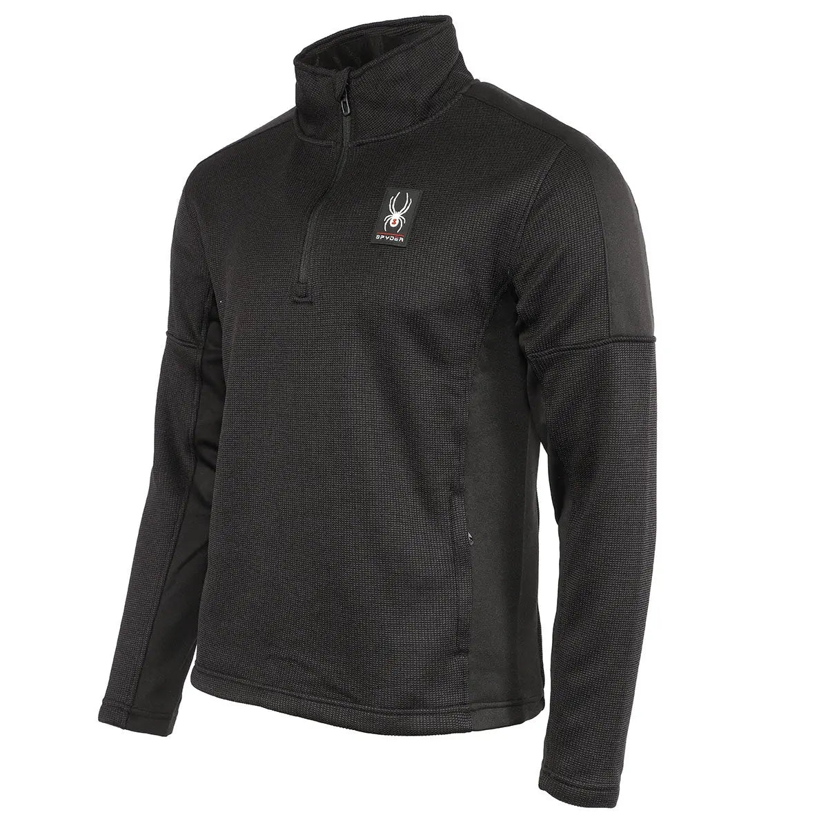 Black Spyder Men's Pullover with a high collar, quarter-zip front, and the brand’s spider logo on the chest.