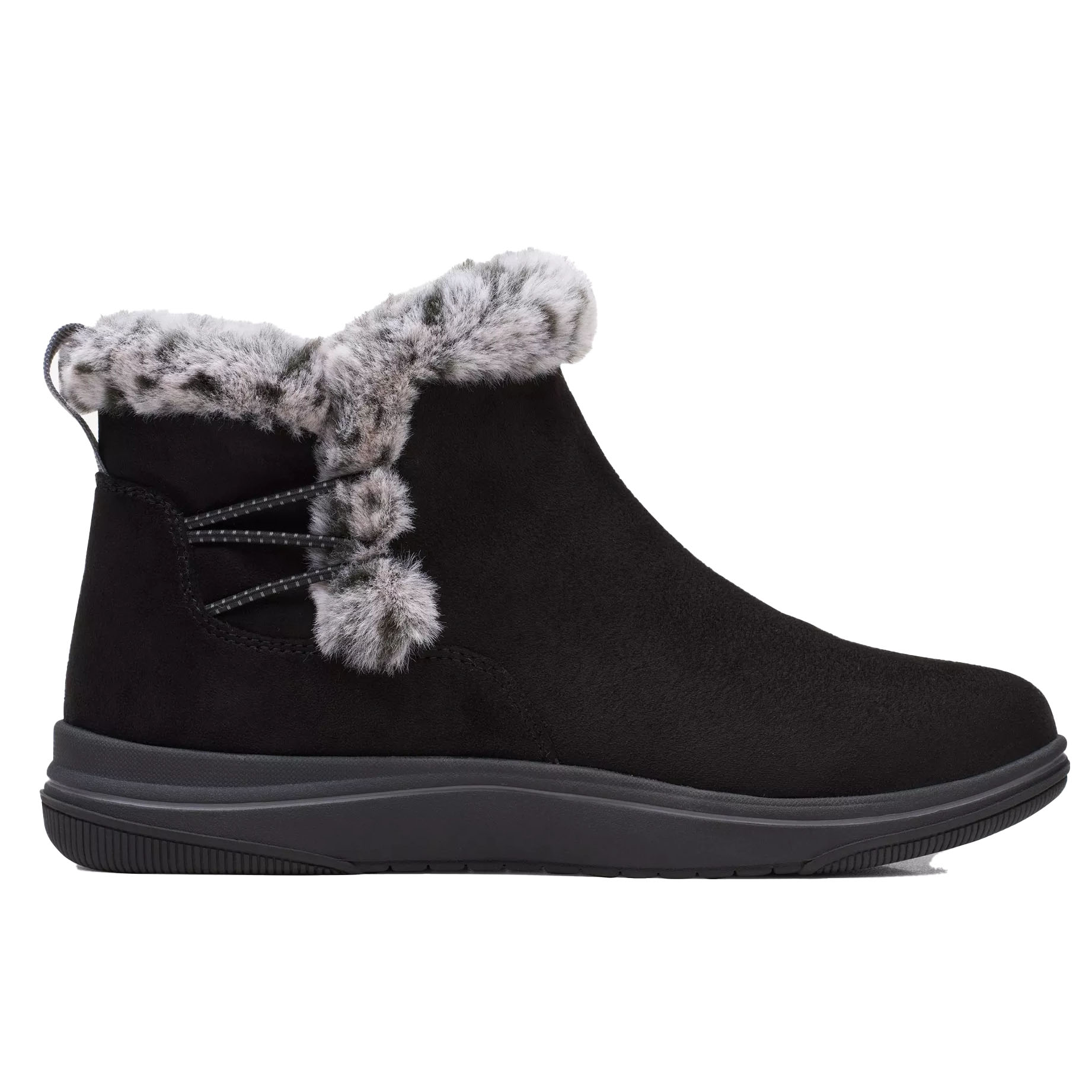 Black ankle-length winter boots with faux fur trim, featuring a matte finish and stitched detailing. Designed with a pull tab at the back and a sturdy outsole for traction.