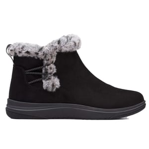 Black ankle-length winter boots with faux fur trim, featuring a matte finish and stitched detailing. Designed with a pull tab at the back and a sturdy outsole for traction.