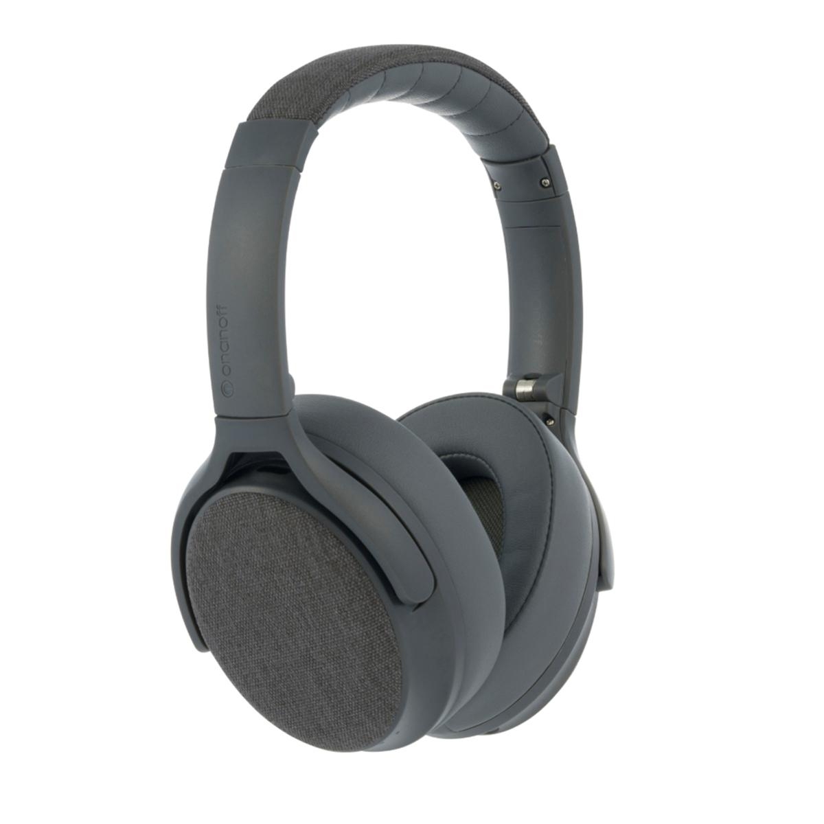 Over-ear wireless headphones with a padded headband and ear cushions, designed in a dark gray color with visible side controls.