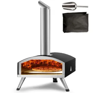 Outdoor pizza oven with a chimney, featuring a visible pizza cooking inside, accompanied by a pizza peel and a black cover.