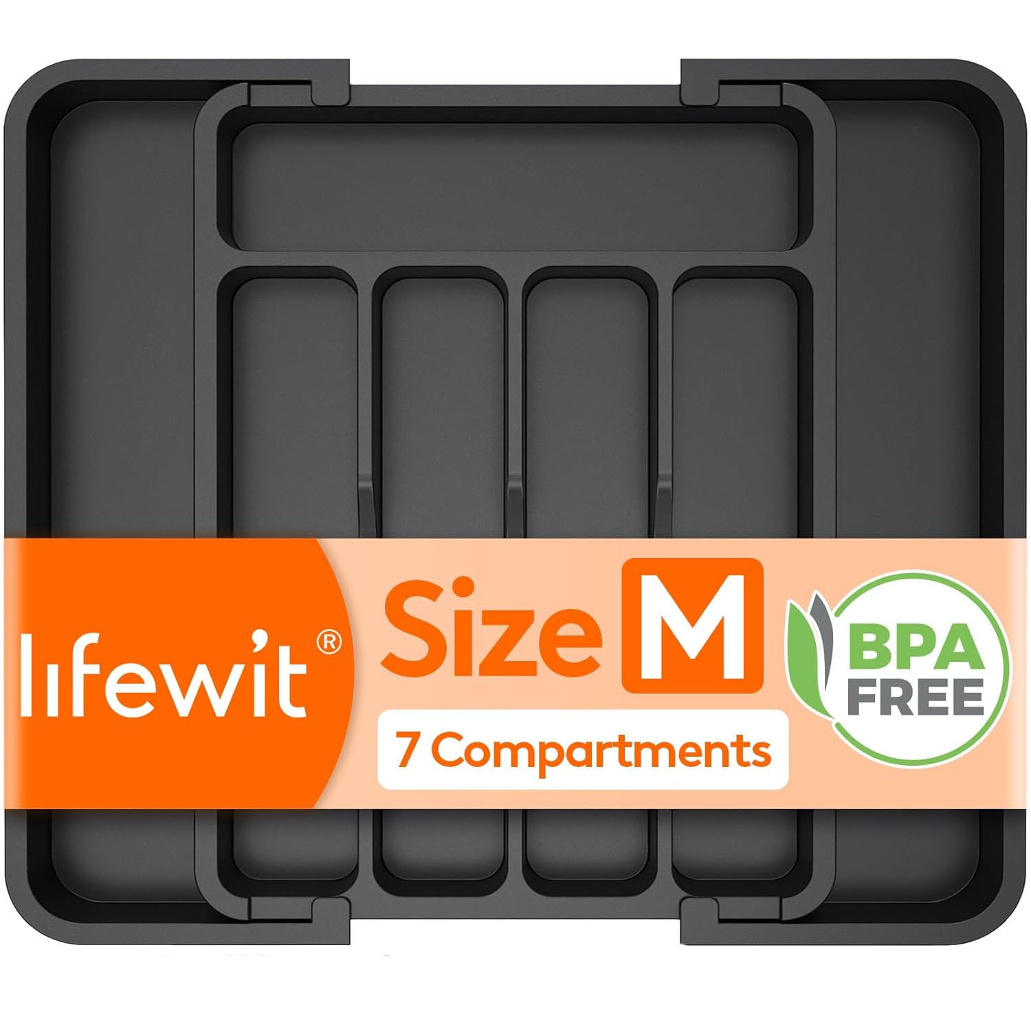 Black cutlery organizer with 7 compartments, labeled \“Size M\“ and \“BPA Free\“ from Lifewit.
