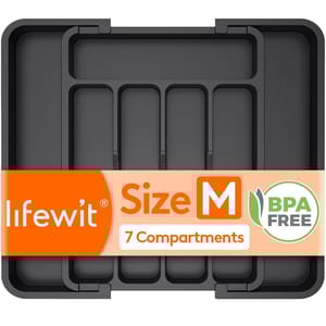 Black cutlery organizer with 7 compartments, labeled \“Size M\“ and \“BPA Free\“ from Lifewit.