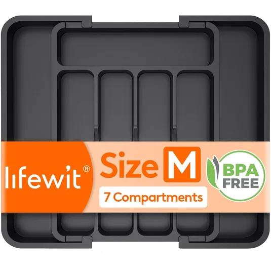 Black cutlery organizer with 7 compartments, labeled \“Size M\“ and \“BPA Free\“ from Lifewit.