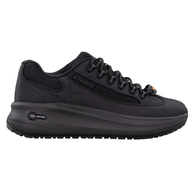 A black sneaker featuring a sleek, all-black design with a thick sole, mesh panels, and lacing for closure. The shoe includes branded elements and a \“Pro-Tech\“ insignia on the midsole.