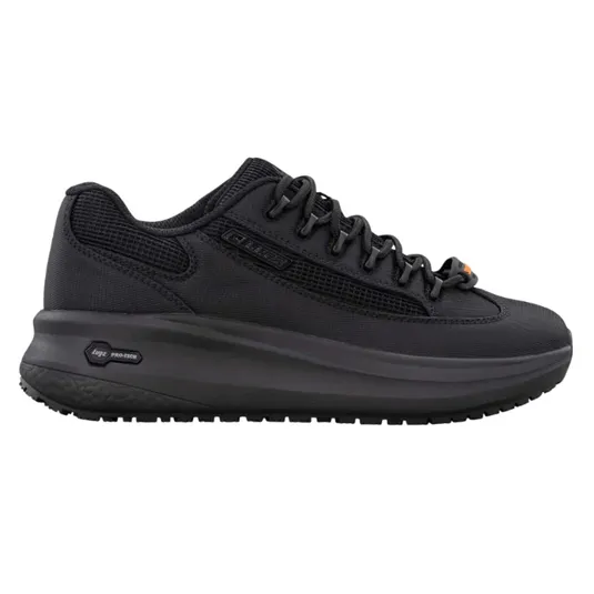 A black sneaker featuring a sleek, all-black design with a thick sole, mesh panels, and lacing for closure. The shoe includes branded elements and a \“Pro-Tech\“ insignia on the midsole.