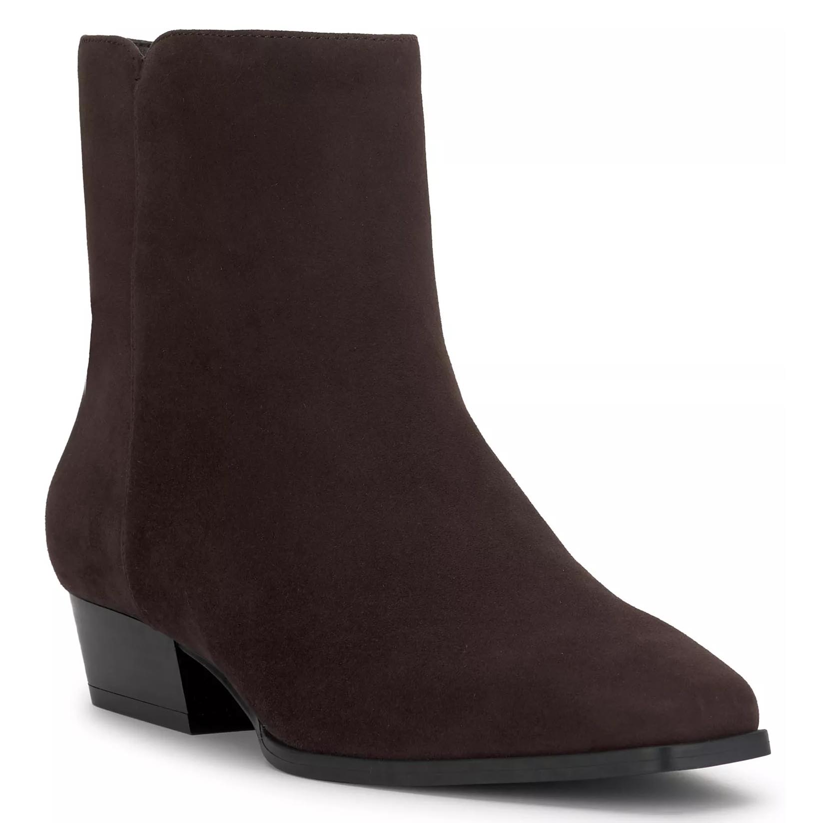 A dark brown suede ankle boot with a low block heel and pointed toe.