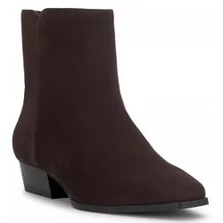 A dark brown suede ankle boot with a low block heel and pointed toe.