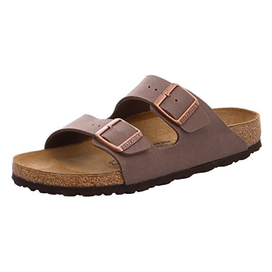 Brown sandal with two adjustable straps and copper buckles, featuring a cork footbed and black sole.