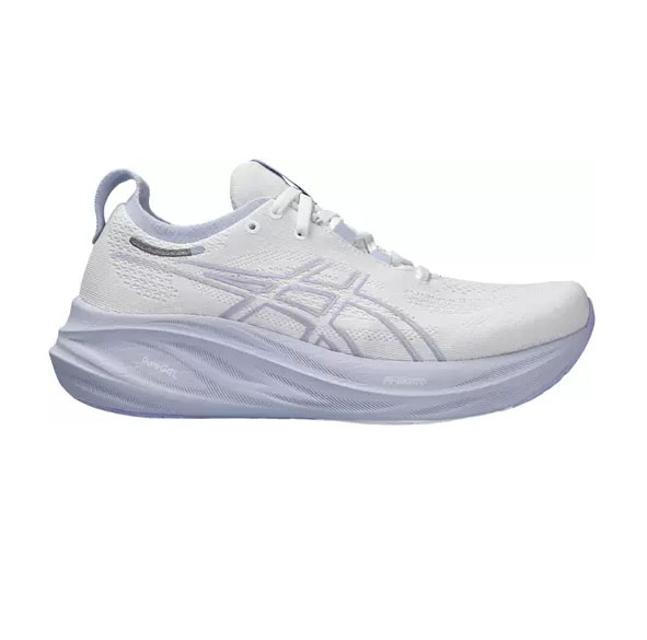 White and light purple Asics Gel-Nimbus 26 running shoe featuring a breathable mesh upper, signature logo design, and cushioned FlyteFoam midsole for comfort and support.