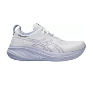 White and light purple Asics Gel-Nimbus 26 running shoe featuring a breathable mesh upper, signature logo design, and cushioned FlyteFoam midsole for comfort and support.