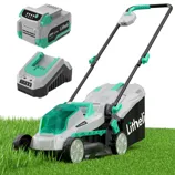 A cordless electric lawn mower with a gray and green design is shown alongside a 20V lithium-ion battery and charger. The brand \“Litheli\“ is visible on the mower and battery.