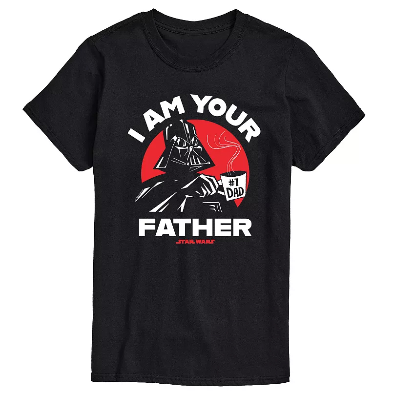Black T-shirt featuring a graphic of a masked character holding a \“#1 Dad\“ mug with the text \“I Am Your Father\“ in bold letters, associated with Star Wars.