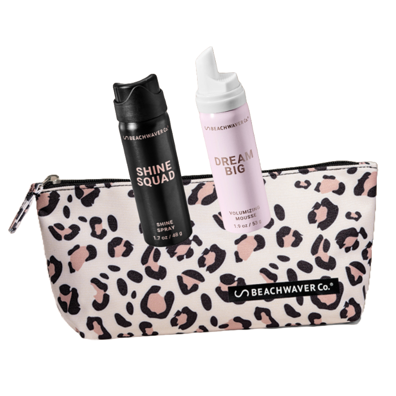 Beachwaver Co. 3pc Travel Set includes Shine Squad shine spray (1.7 oz), Dream Big volumizing mousse (1.9 oz), and a leopard-print zippered pouch.