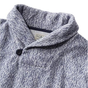 Men's fleece pullover by L.L.Bean, featuring a heathered gray color, partial button-up neck, and a stand-up collar.