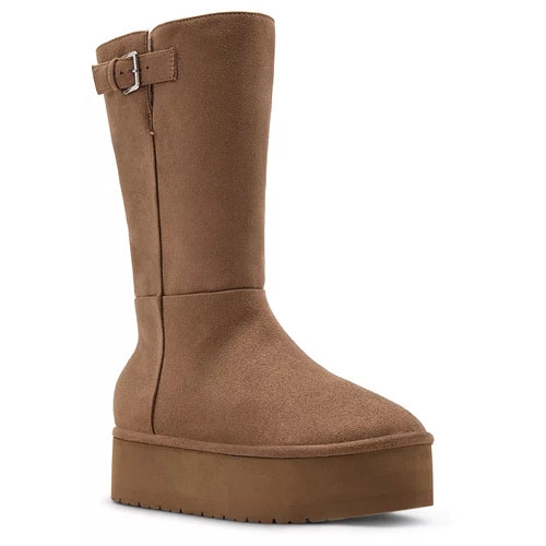 A brown suede platform boot with a high shaft and an adjustable buckle strap around the top.