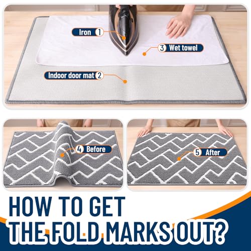 Guide for removing fold marks from an indoor door mat using an iron and wet towel. Steps include placing a wet towel over the mat, ironing, and comparing before and after results.
