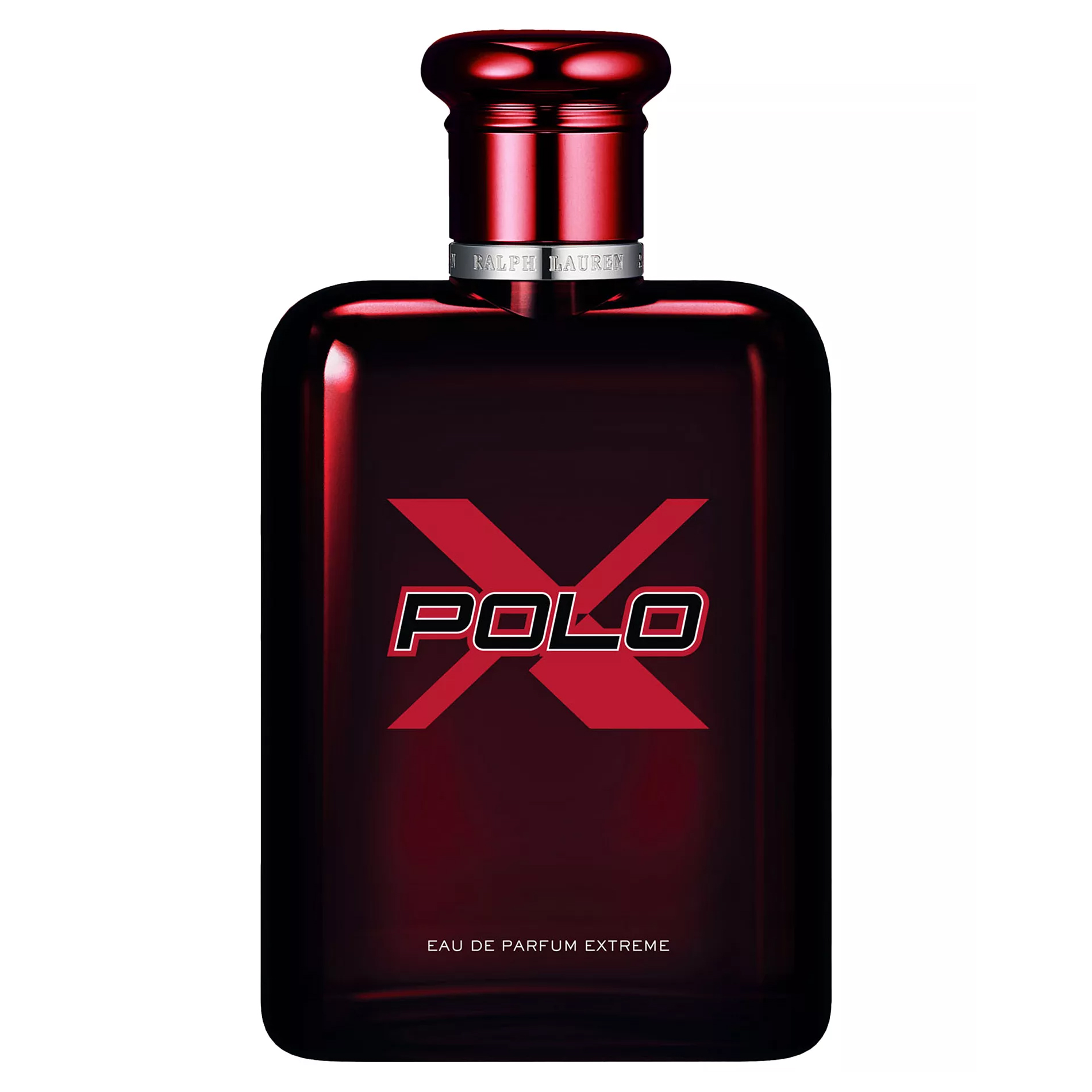 Bottle of Ralph Lauren Polo X Eau de Parfum Extreme in a sleek, dark red design.
