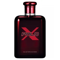 Bottle of Ralph Lauren Polo X Eau de Parfum Extreme in a sleek, dark red design.