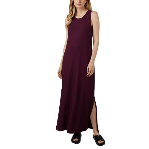 Sleeveless ankle-length purple dress with side slit, paired with black slide sandals.