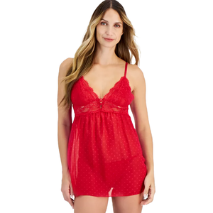 A red chiffon lingerie set featuring a lace-trimmed top with thin straps and a sheer, slightly flared skirt. The fabric has a subtle dotted pattern, offering a delicate and elegant look.