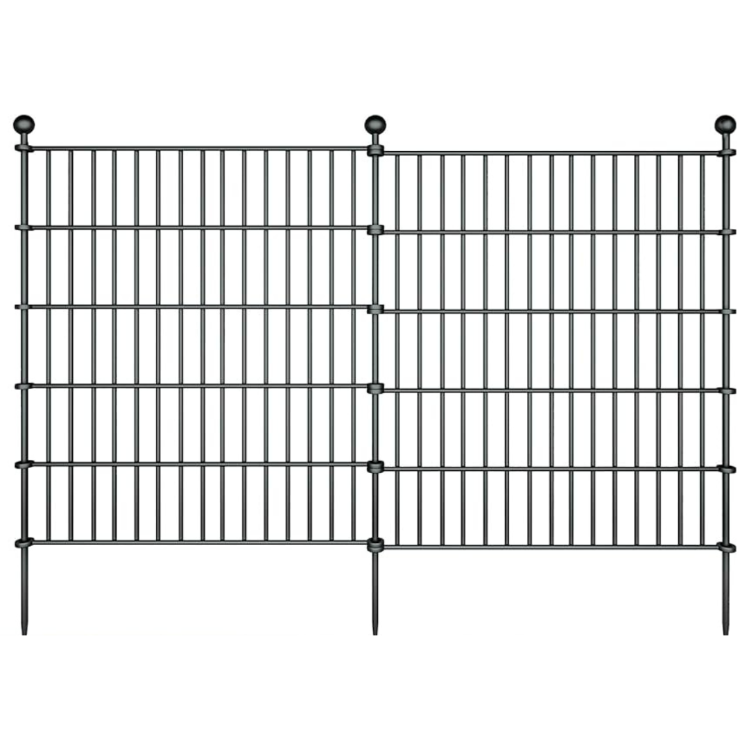 A black, metal 10-panel garden fence featuring vertical bars, horizontal reinforcements, and pointed ends for ground insertion, topped with decorative round finials.