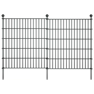 A black, metal 10-panel garden fence featuring vertical bars, horizontal reinforcements, and pointed ends for ground insertion, topped with decorative round finials.