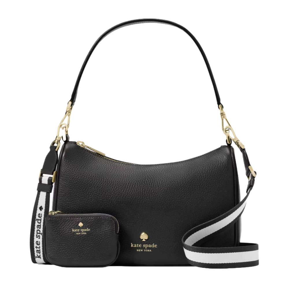 Black pebbled leather Kate Spade hobo bag with gold-tone hardware, a detachable striped strap, and matching coin purse. The bag features the Kate Spade logo and has a streamlined, elegant design.