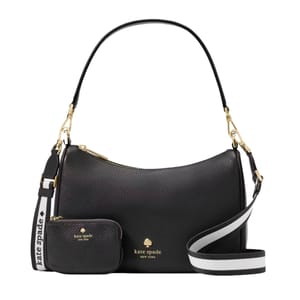 Black pebbled leather Kate Spade hobo bag with gold-tone hardware, a detachable striped strap, and matching coin purse. The bag features the Kate Spade logo and has a streamlined, elegant design.