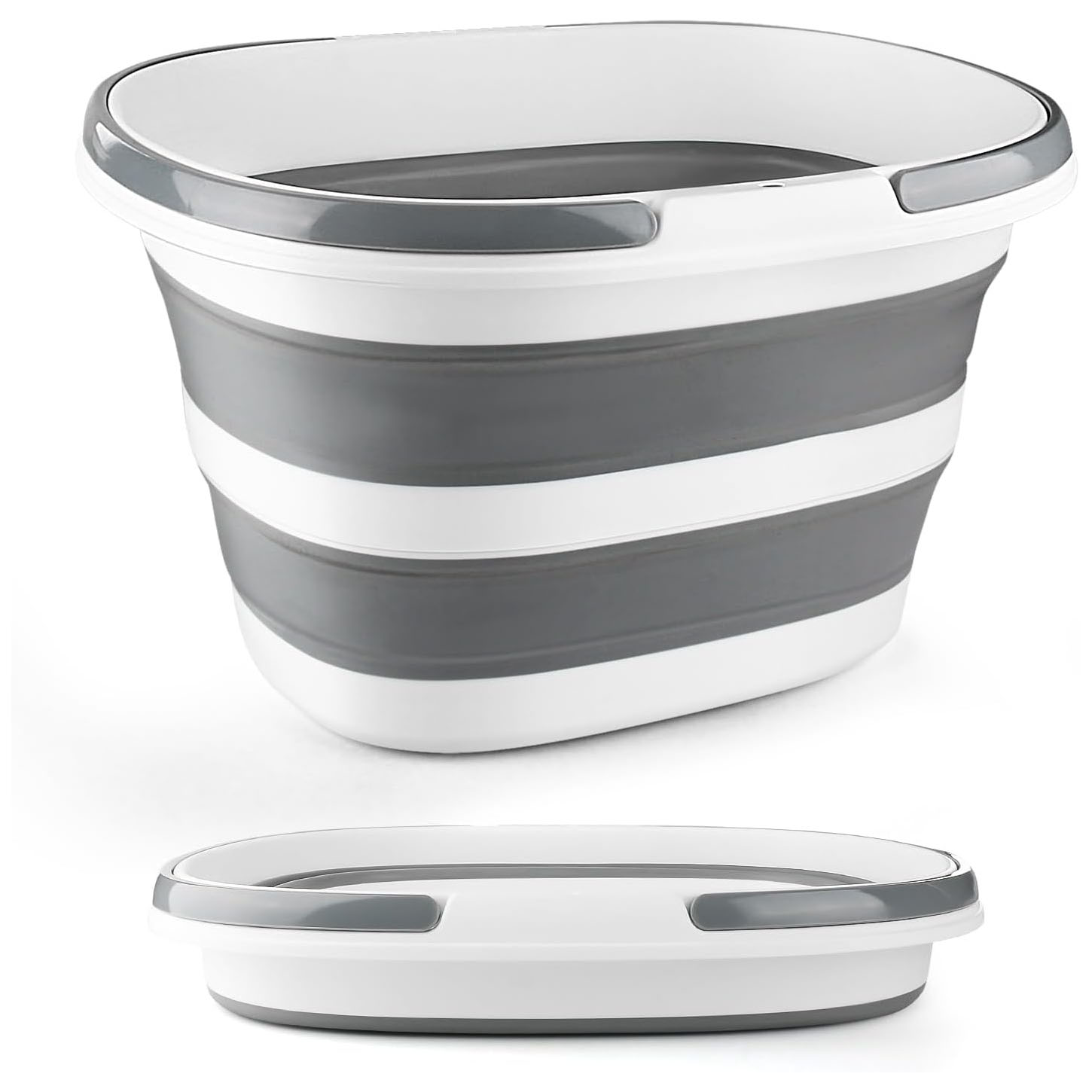 A large collapsible bucket with gray and white stripes, featuring sturdy handles. It collapses flat for easy storage, making it practical for various uses.