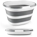 A large collapsible bucket with gray and white stripes, featuring sturdy handles. It collapses flat for easy storage, making it practical for various uses.