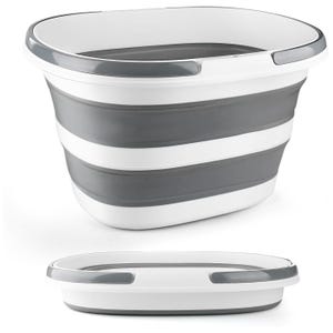 A large collapsible bucket with gray and white stripes, featuring sturdy handles. It collapses flat for easy storage, making it practical for various uses.