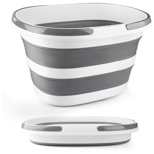 A large collapsible bucket with gray and white stripes, featuring sturdy handles. It collapses flat for easy storage, making it practical for various uses.
