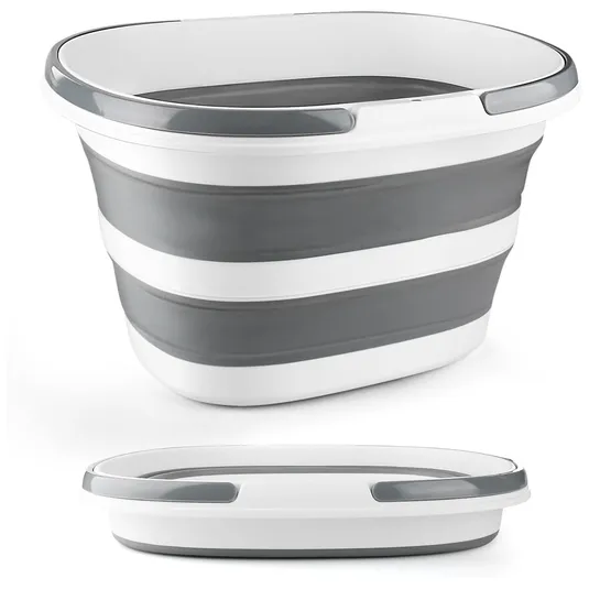 A large collapsible bucket with gray and white stripes, featuring sturdy handles. It collapses flat for easy storage, making it practical for various uses.