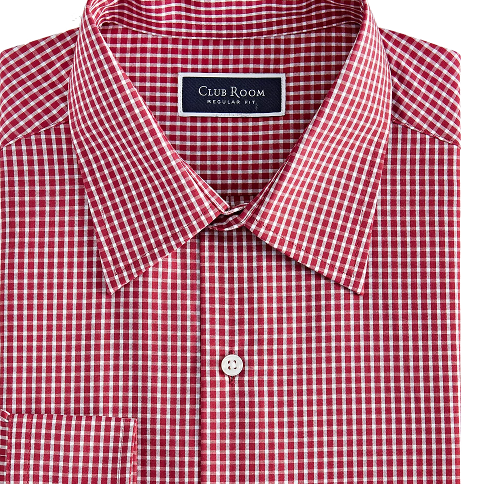 Red and white checkered men's dress shirt with a \“Club Room\“ label, regular fit, featuring a button-down front and a classic collar.