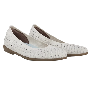 Pair of white, flat slip-on shoes with a knit texture and embellished with small rhinestones, featuring a tan sole and a brown interior lining.