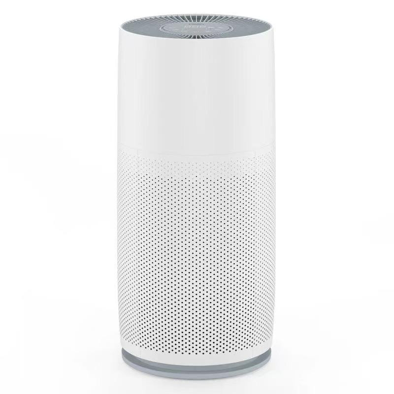 A cylindrical HEPA air purifier with a sleek white design, featuring a perforated lower half for air intake and a vent on the top for air output.