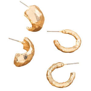 A set of two pairs of gold-toned molten huggie hoop earrings with a textured surface, featuring a thicker, semi-circular design and post backings for secure wear.