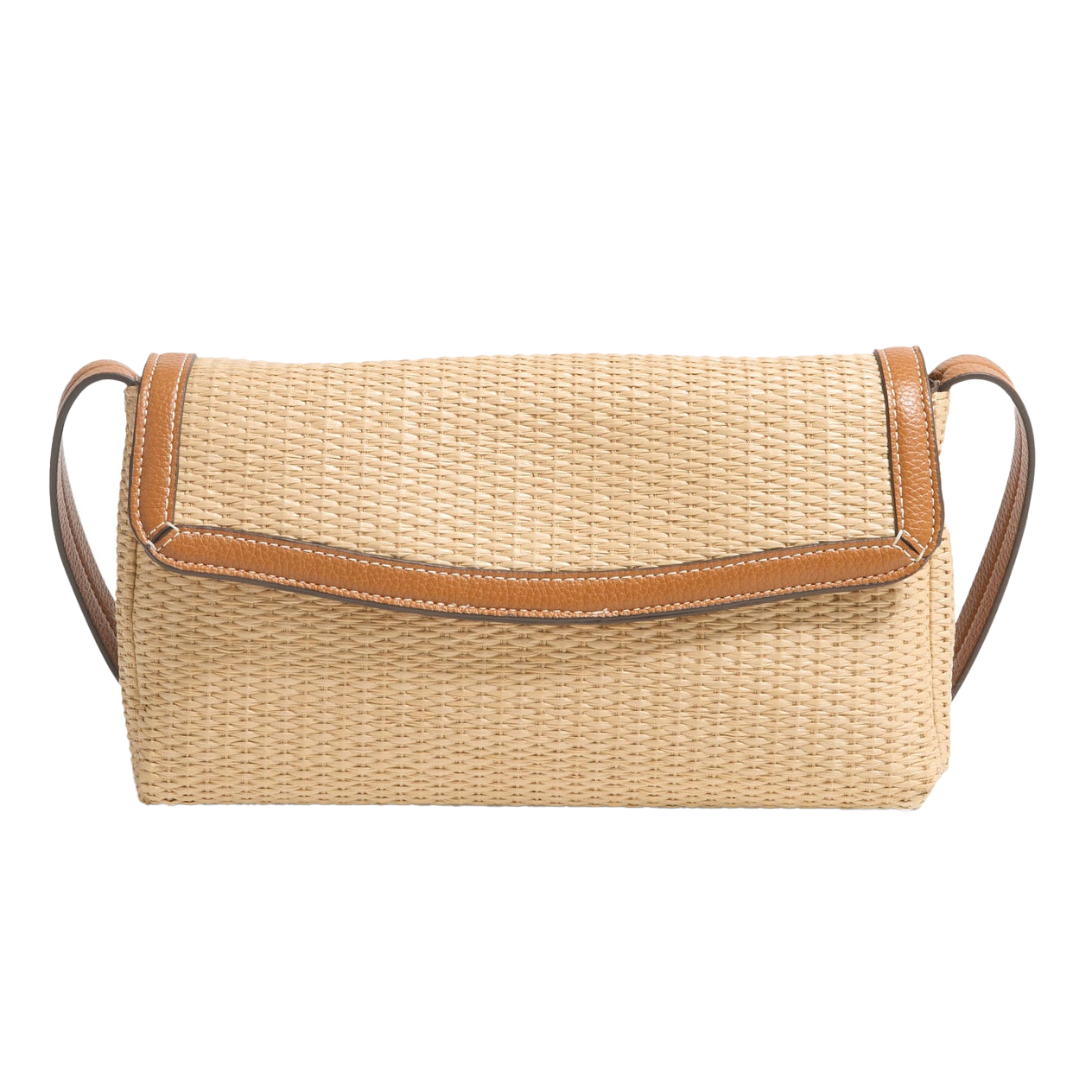 A woven straw clutch with brown leather trim and a shoulder strap.
