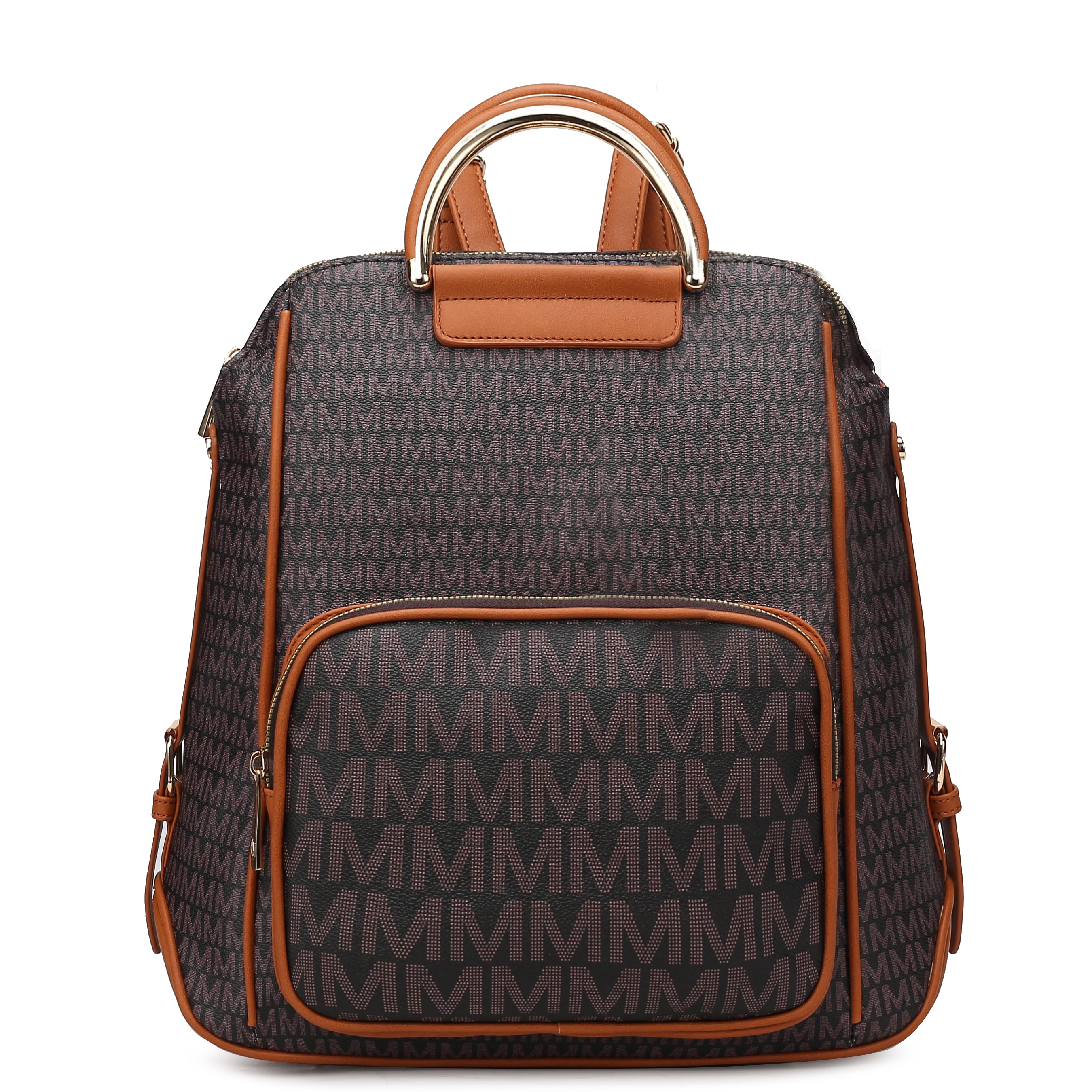 A brown leather-trimmed backpack featuring an all-over \“M\“ logo pattern, a front zip pocket, adjustable shoulder straps, and a metal top handle.
