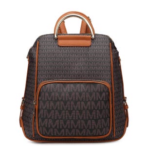 A brown leather-trimmed backpack featuring an all-over \“M\“ logo pattern, a front zip pocket, adjustable shoulder straps, and a metal top handle.