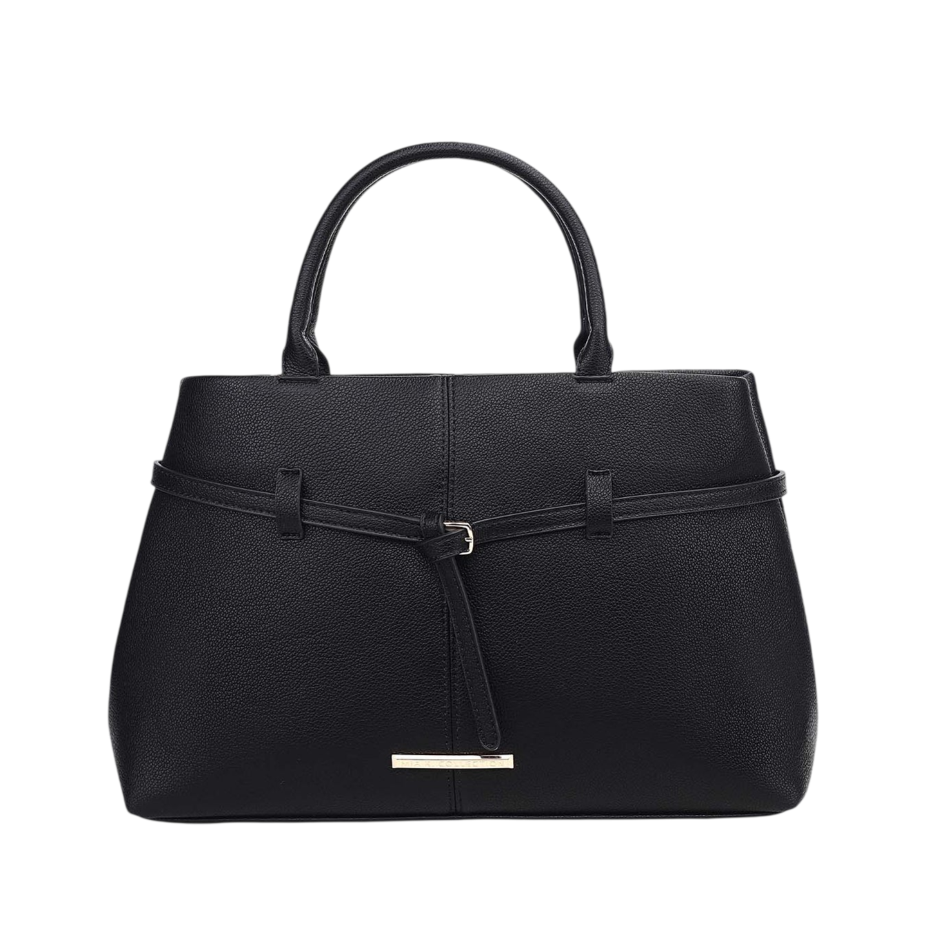 Black structured handbag with dual handles, a central buckle detail, and a gold-tone accent at the bottom front.