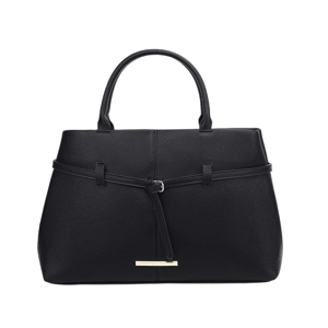 Black structured handbag with dual handles, a central buckle detail, and a gold-tone accent at the bottom front.