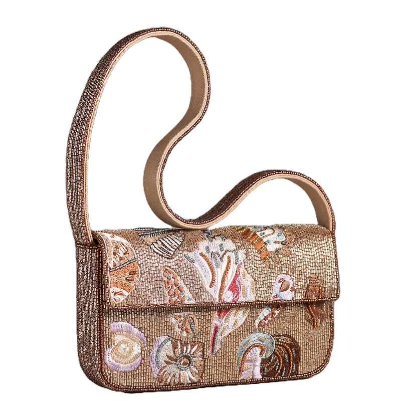 A beaded handbag with a long strap and intricate embroidered designs featuring various sea shell motifs in pastel colors.