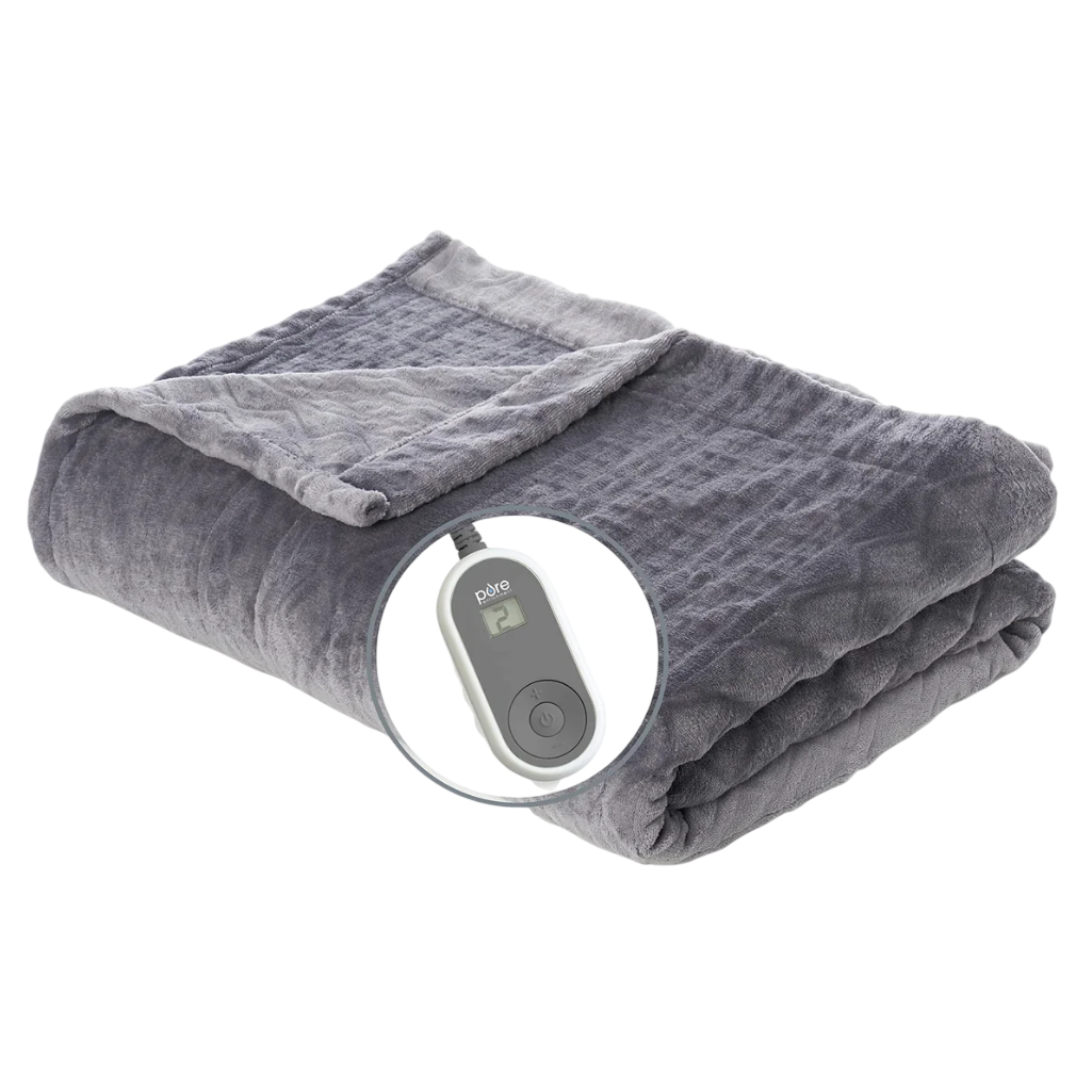 A gray electric blanket with a control device displaying temperature settings.