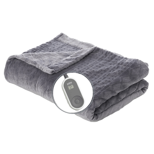A gray electric blanket with a control device displaying temperature settings.