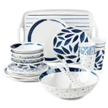 A blue and white patterned dinnerware set featuring plates, bowls, cups, a tray, and serving spoons with various designs like stripes, leaves, and dots.