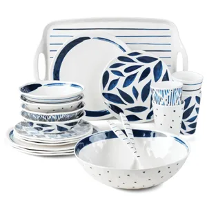 A blue and white patterned dinnerware set featuring plates, bowls, cups, a tray, and serving spoons with various designs like stripes, leaves, and dots.