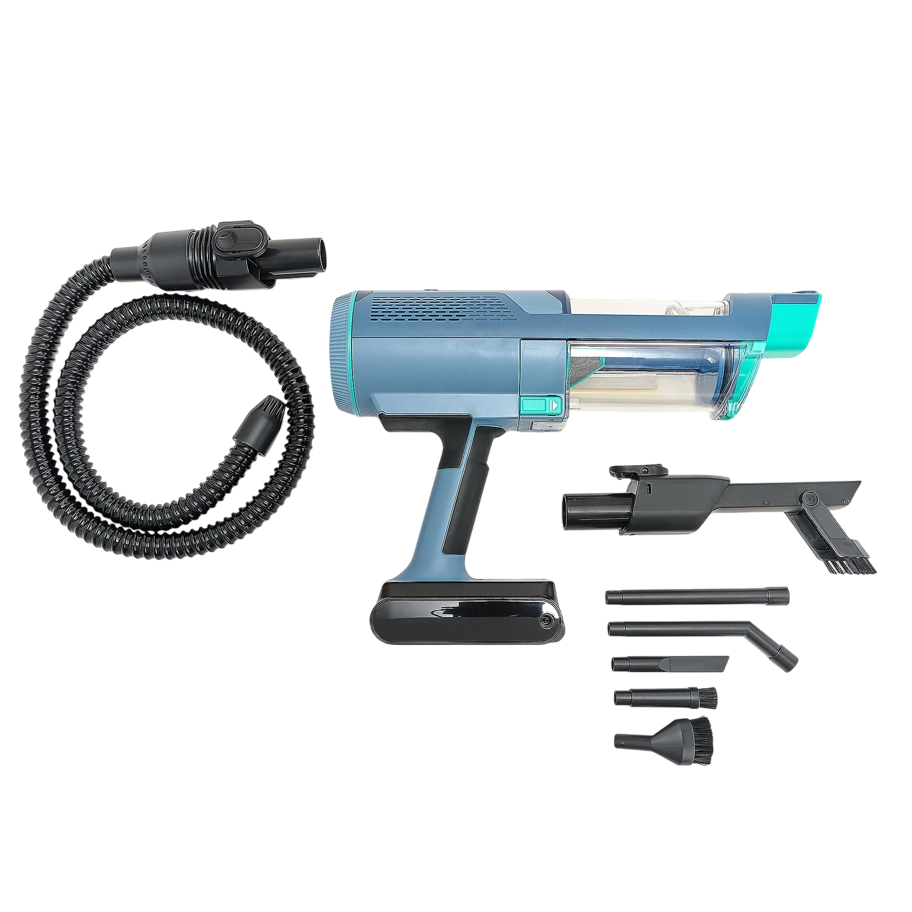 Cordless vacuum cleaner with attachments including a flexible hose, dusting brush, crevice tool, and other nozzles, all in a blue and black color scheme.
