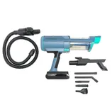 Cordless vacuum cleaner with attachments including a flexible hose, dusting brush, crevice tool, and other nozzles, all in a blue and black color scheme.